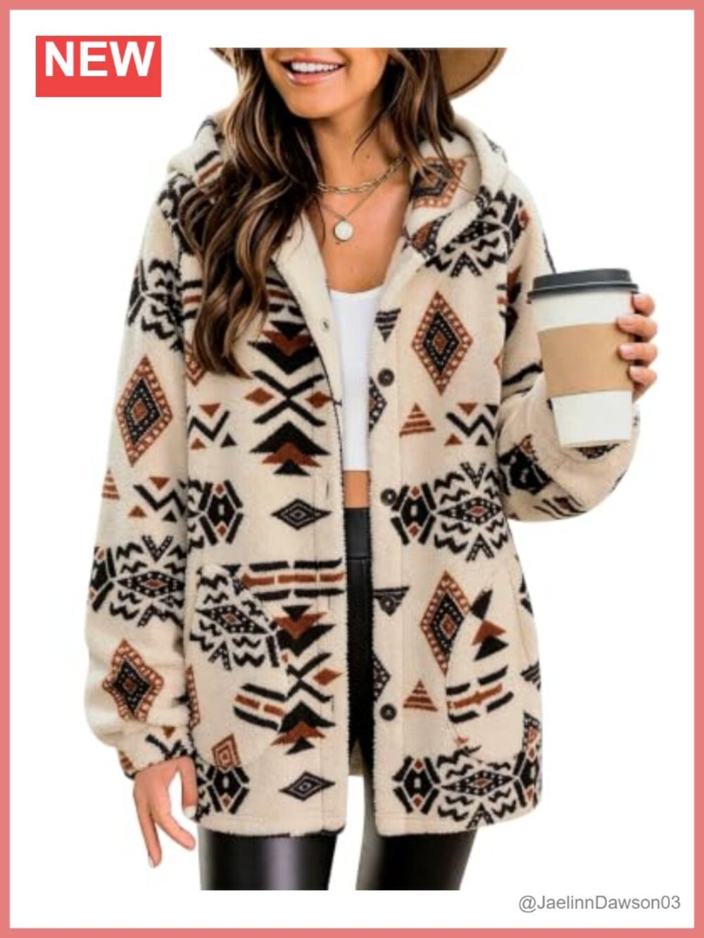 SELINK Aztec Print Fleece Hoodie Jacket Button Down Sherpa Coat